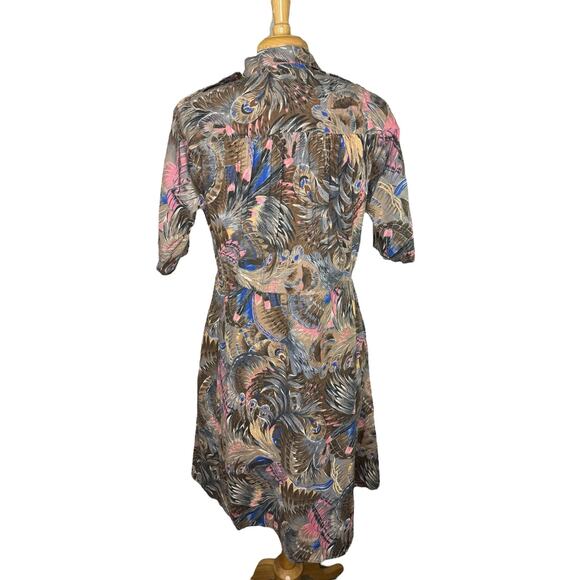 Vintage Brown Feather Button Up Cotton Shirt Dress Size 12 Womens Made in USA - Picture 3 of 12
